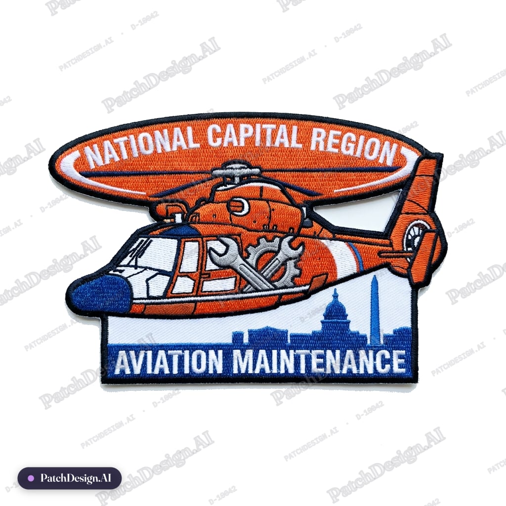 National Capital Region in Washington DC, orange coast guard helicopter, aviation maintena — custom patch designed with AI