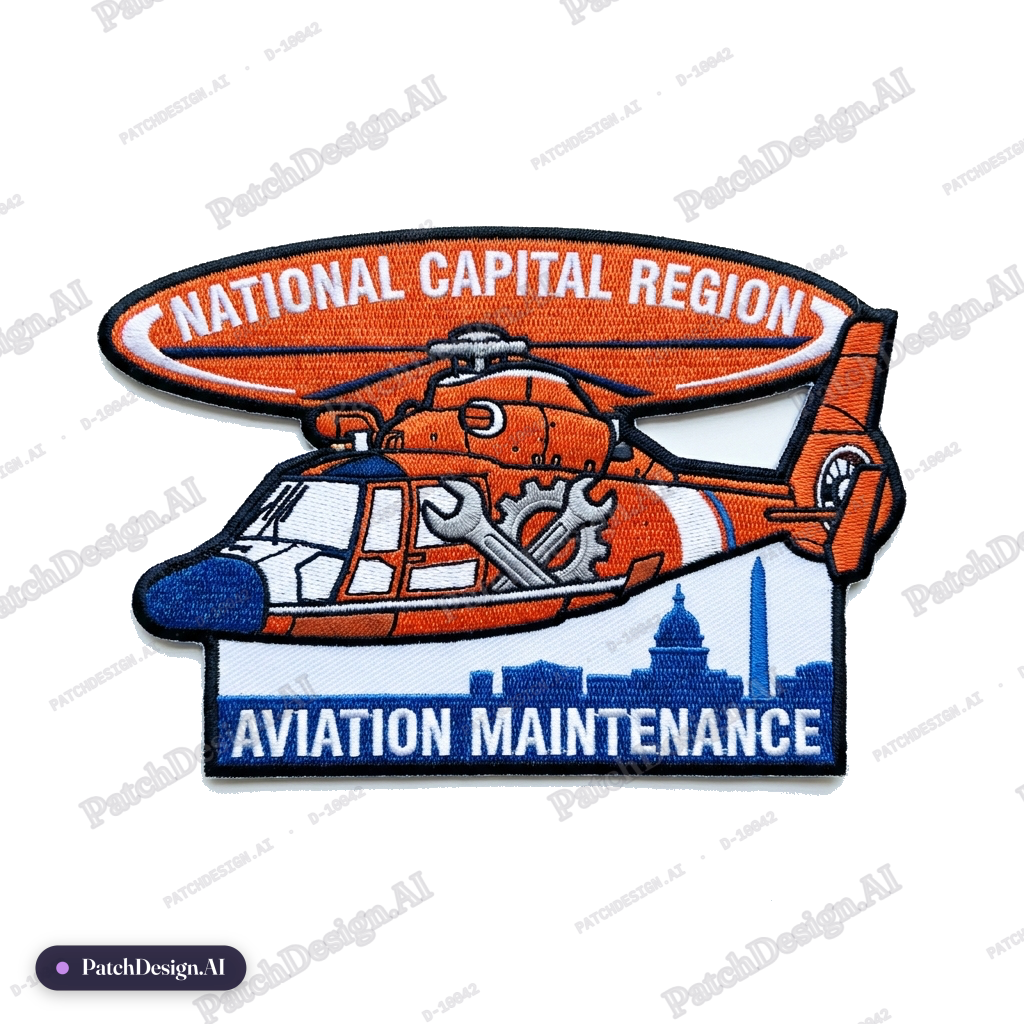 National Capital Region in Washington DC, orange coast guard helicopter, aviation maintena — custom patch designed with AI