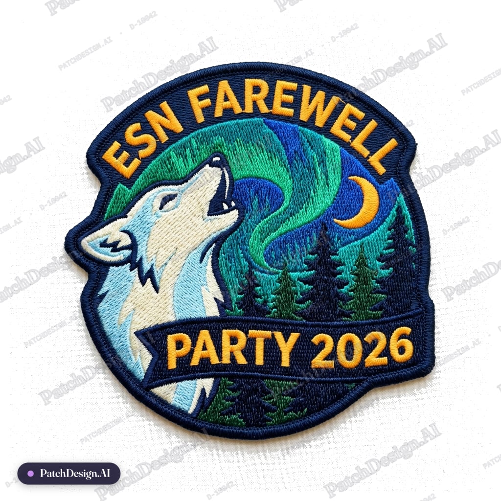 ESN farewell party 2026 patch - theme is northern lights and finnish nature including anim — custom patch designed with AI