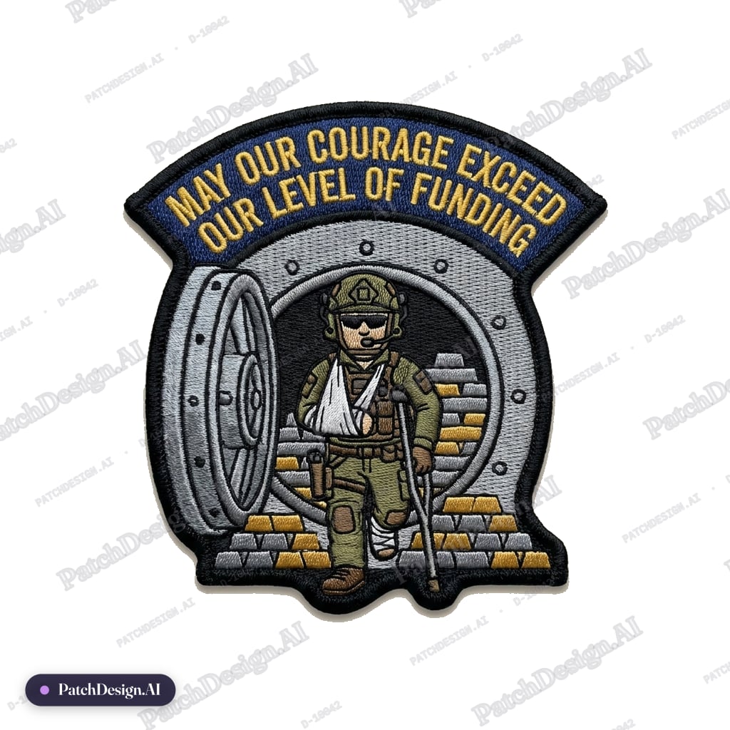 Create a patch with a banged operator in the middle of an empty vault with the words "May  — custom patch designed with AI