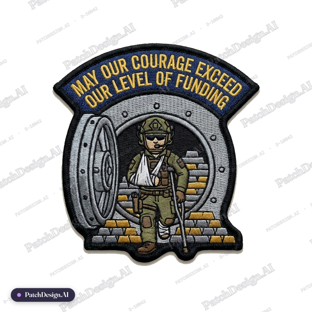 Create a patch with a banged operator in the middle of an empty vault with the words "May  — custom patch designed with AI