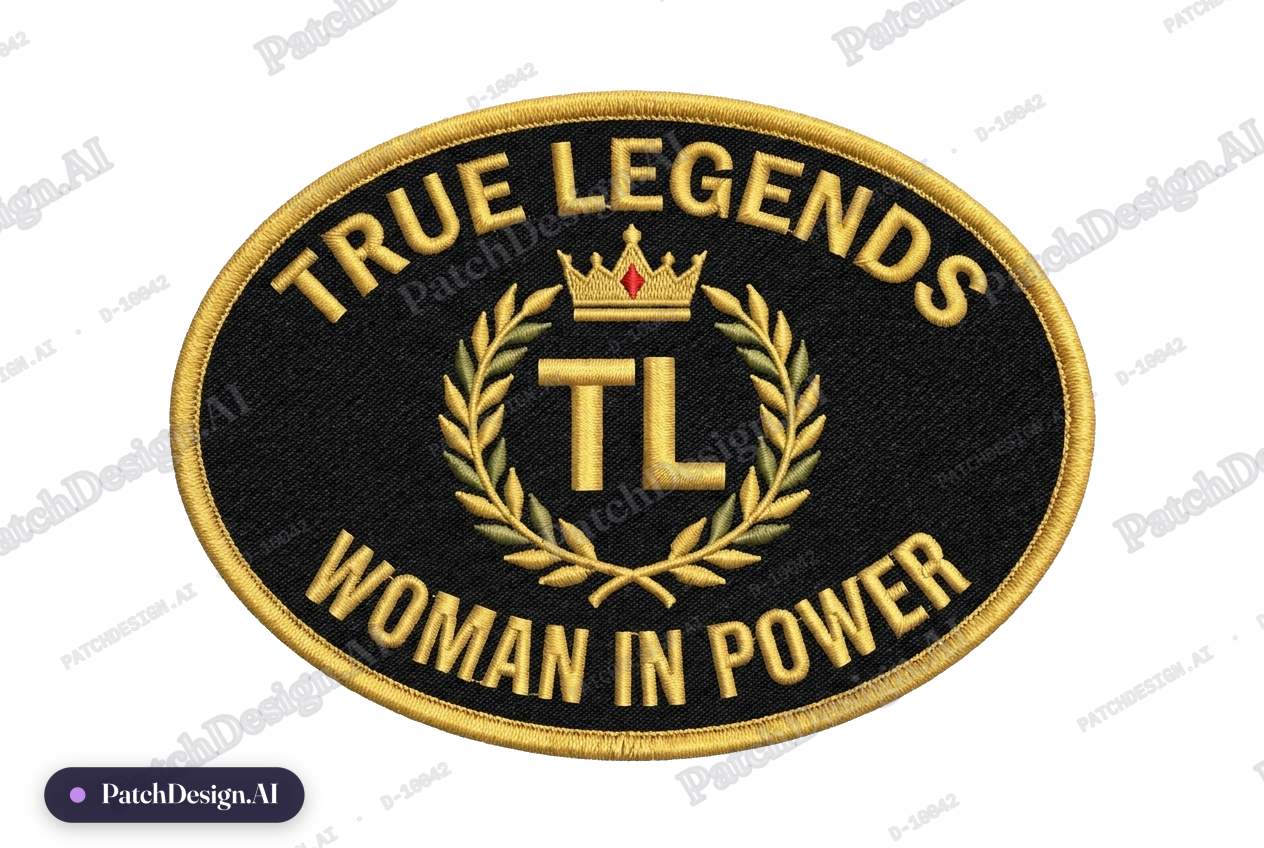 Oval shape with gold letters and black background — custom patch designed with AI