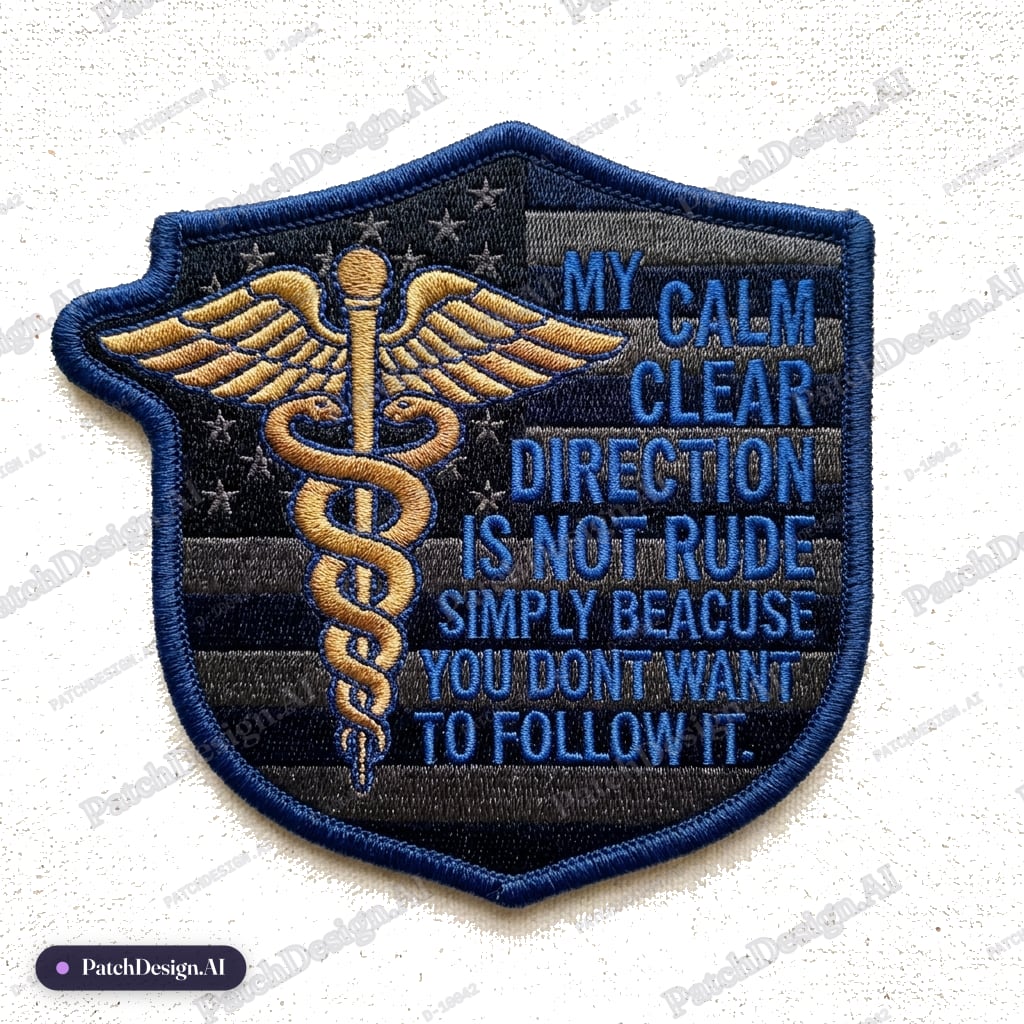 Black morale patch subdued American flag background, blue text reads, "My calm clear direc — custom patch designed with AI