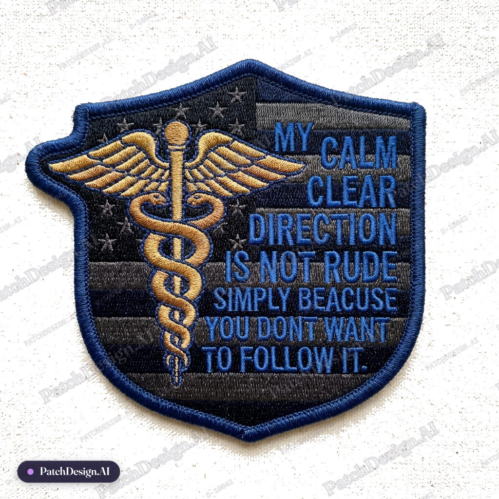 Black morale patch subdued American flag background, blue text reads, "My calm clear direc — custom patch designed with AI