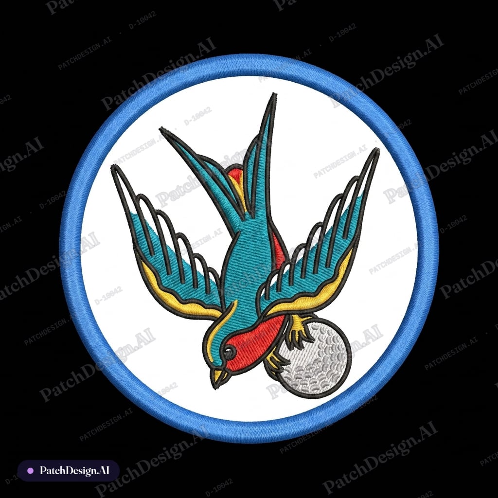 Multicolor swallow clutching a golf ball; no anchor tattoo; circle patch; white background — custom patch designed with AI