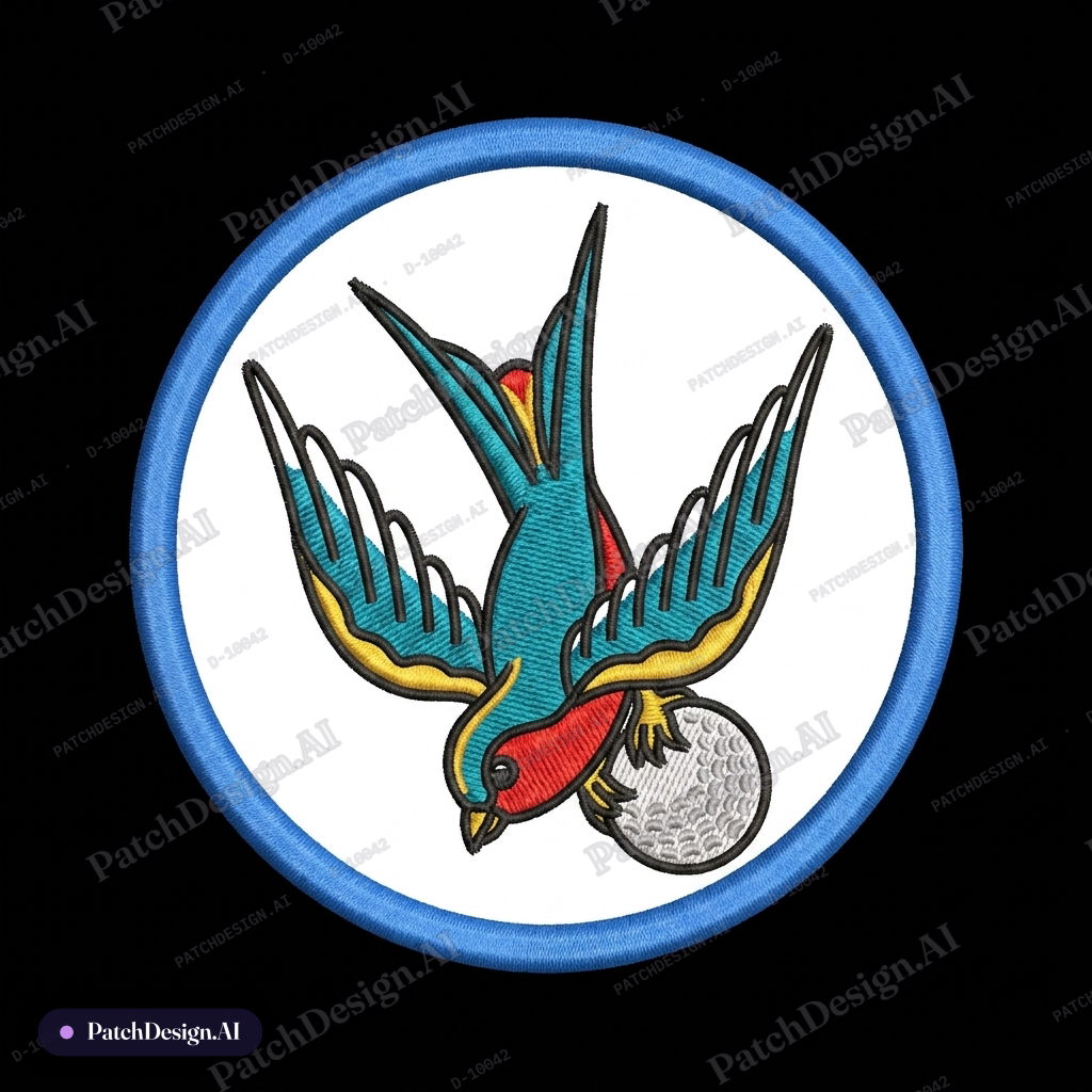 Multicolor swallow clutching a golf ball; no anchor tattoo; circle patch; white background — custom patch designed with AI