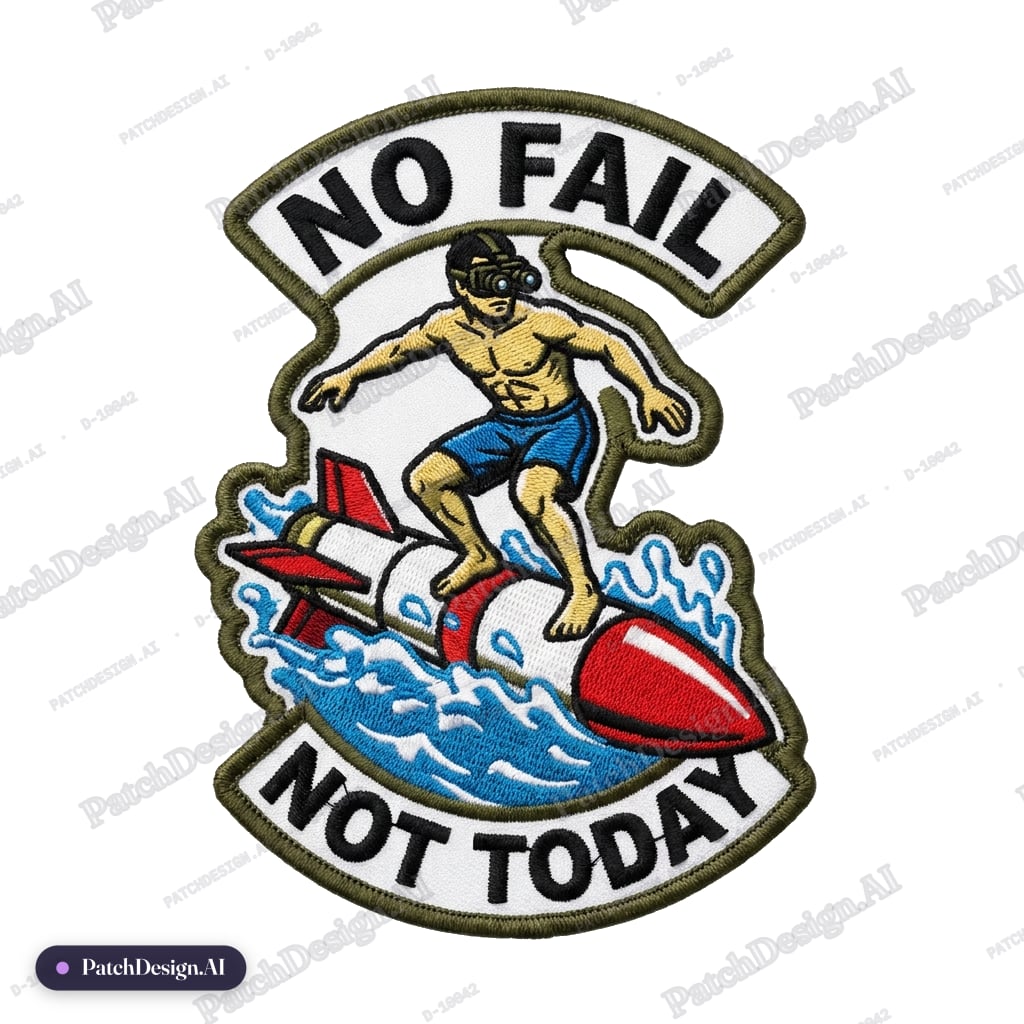 Patch with a man in swimming trunks and night vision goggles riding a surfboard shaped lik — custom patch designed with AI