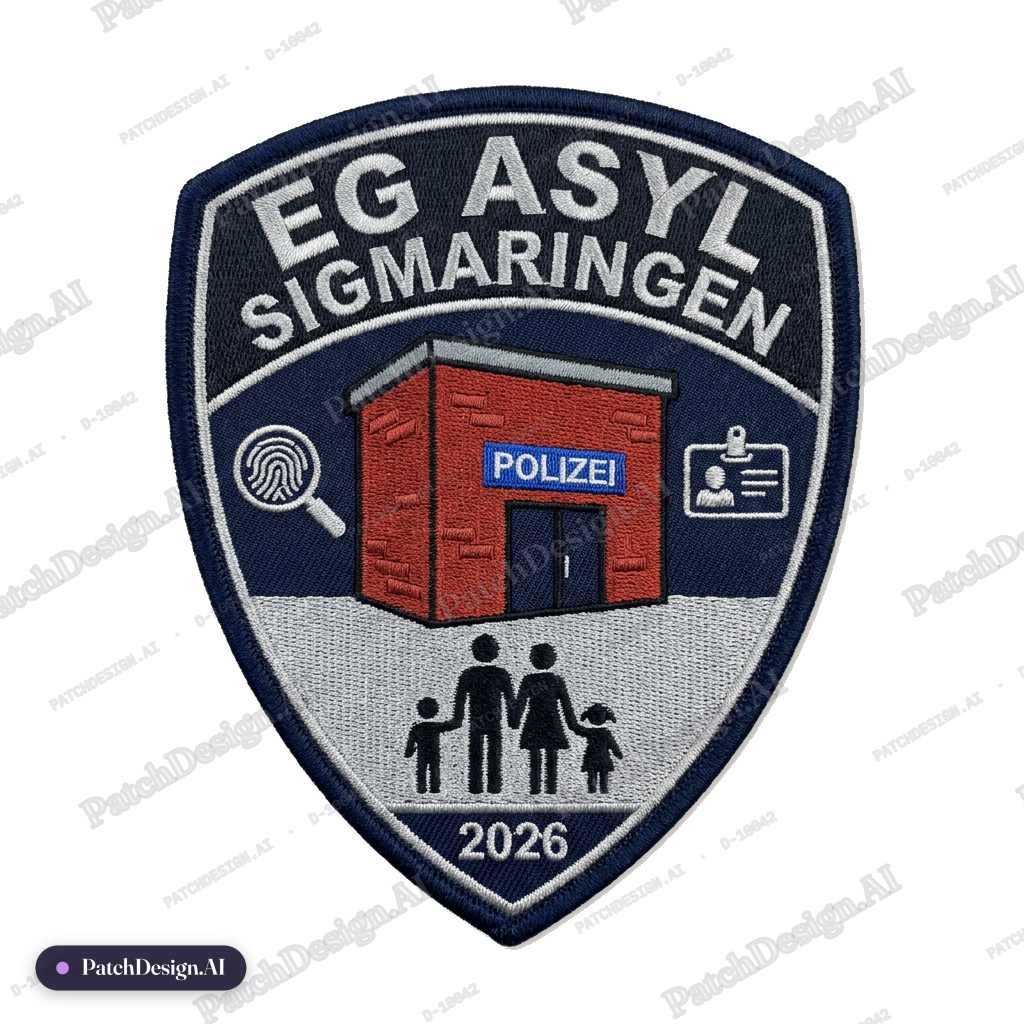 Professional embroidered police unit patch, EG ASYL, SIGMARINGEN. German police investigat — custom patch designed with AI