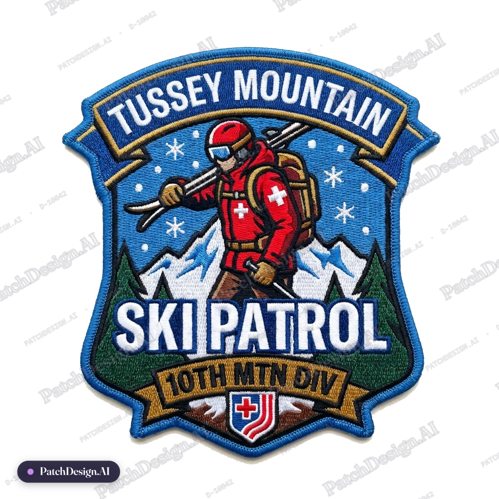 Tussey Mountain Ski Patrol, 10th Mountain Division, National Ski Patrol, Snow — custom patch designed with AI