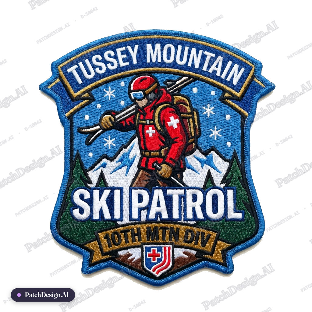 Tussey Mountain Ski Patrol, 10th Mountain Division, National Ski Patrol, Snow — custom patch designed with AI