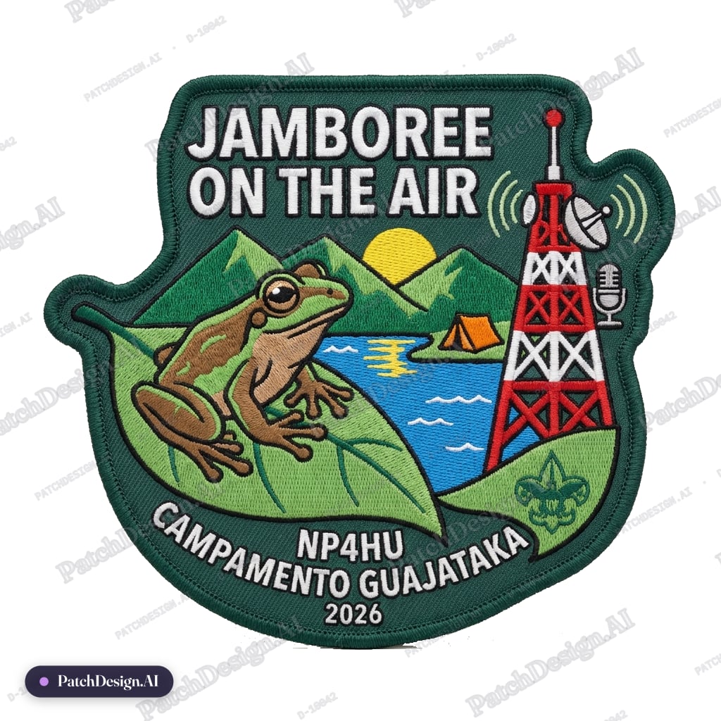 Hacer insignia del Jamboree on the air Scout NP4HU Campamento Guajataka con lago y coquí — custom patch designed with AI