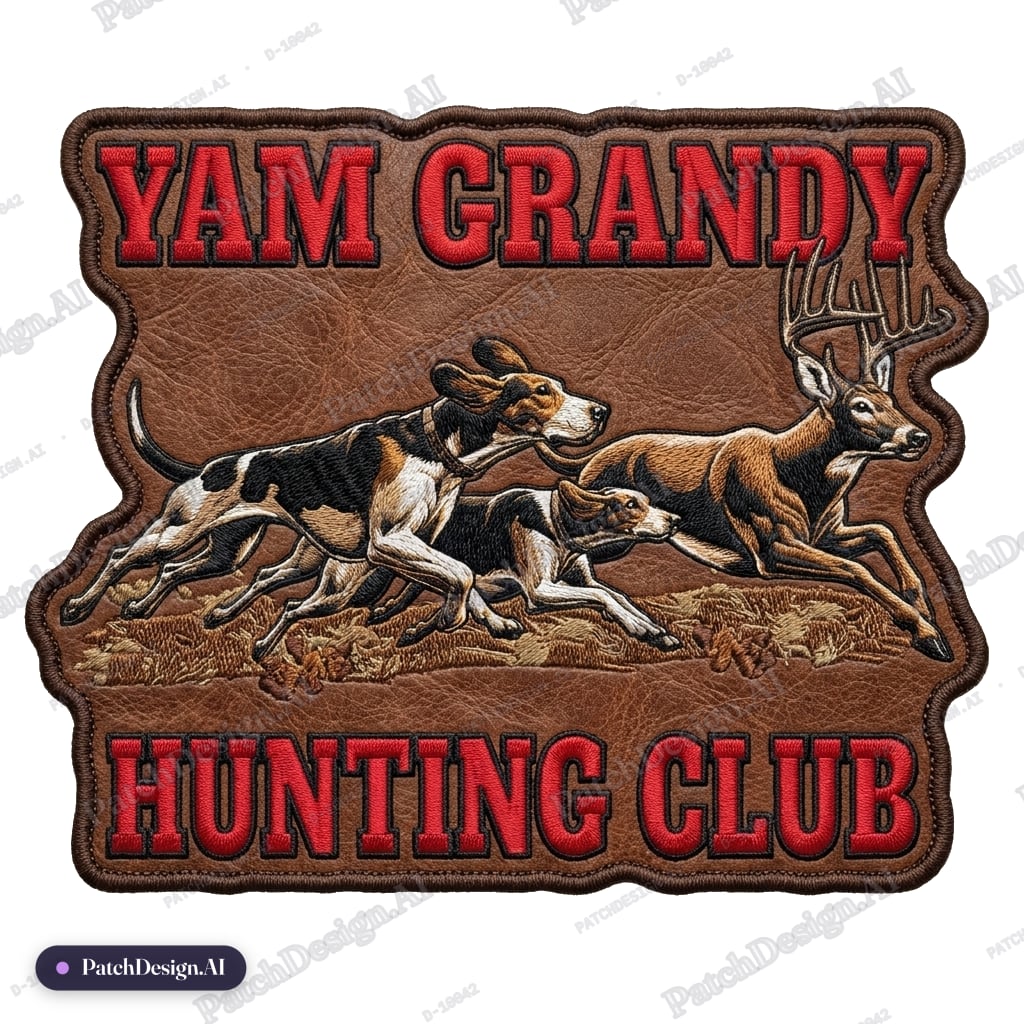 On leather. Put Hunting Club in place of the numbers — custom patch designed with AI