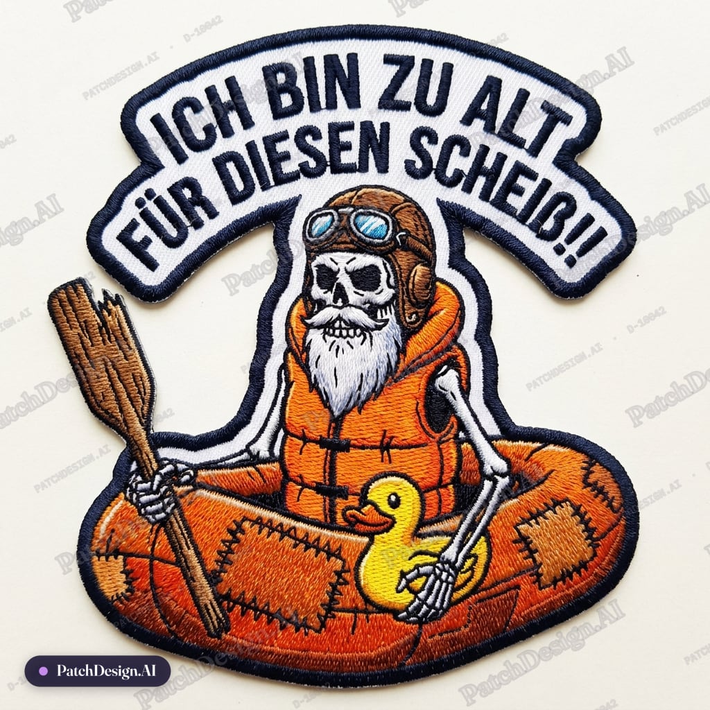 Gib dem Skelett in die linke Hand ein Kaputtes Paddel und in die rechte Hand eine Gummient — custom patch designed with AI