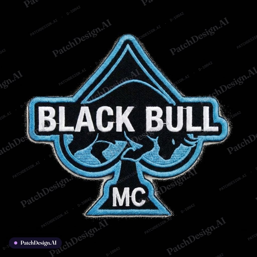 Main Feature: black bull mc with queen of spades no crown light blue outline — custom patch designed with AI