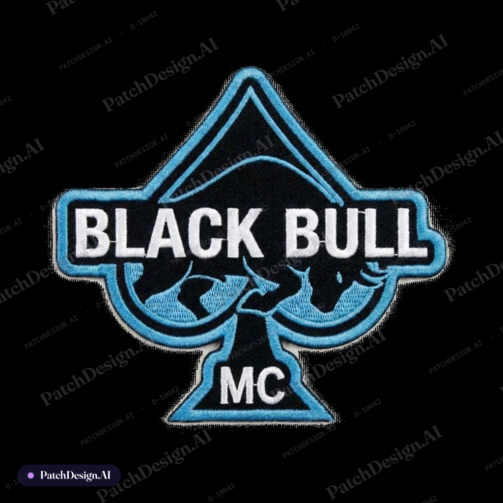 Main Feature: black bull mc with queen of spades no crown light blue outline — custom patch designed with AI