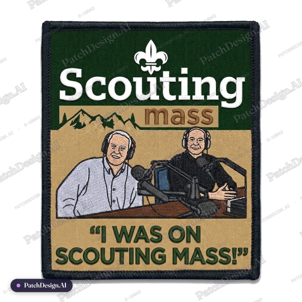 “I was on Scouting Mass!” With Scouting Mass logo and images of the hosts. — custom patch designed with AI