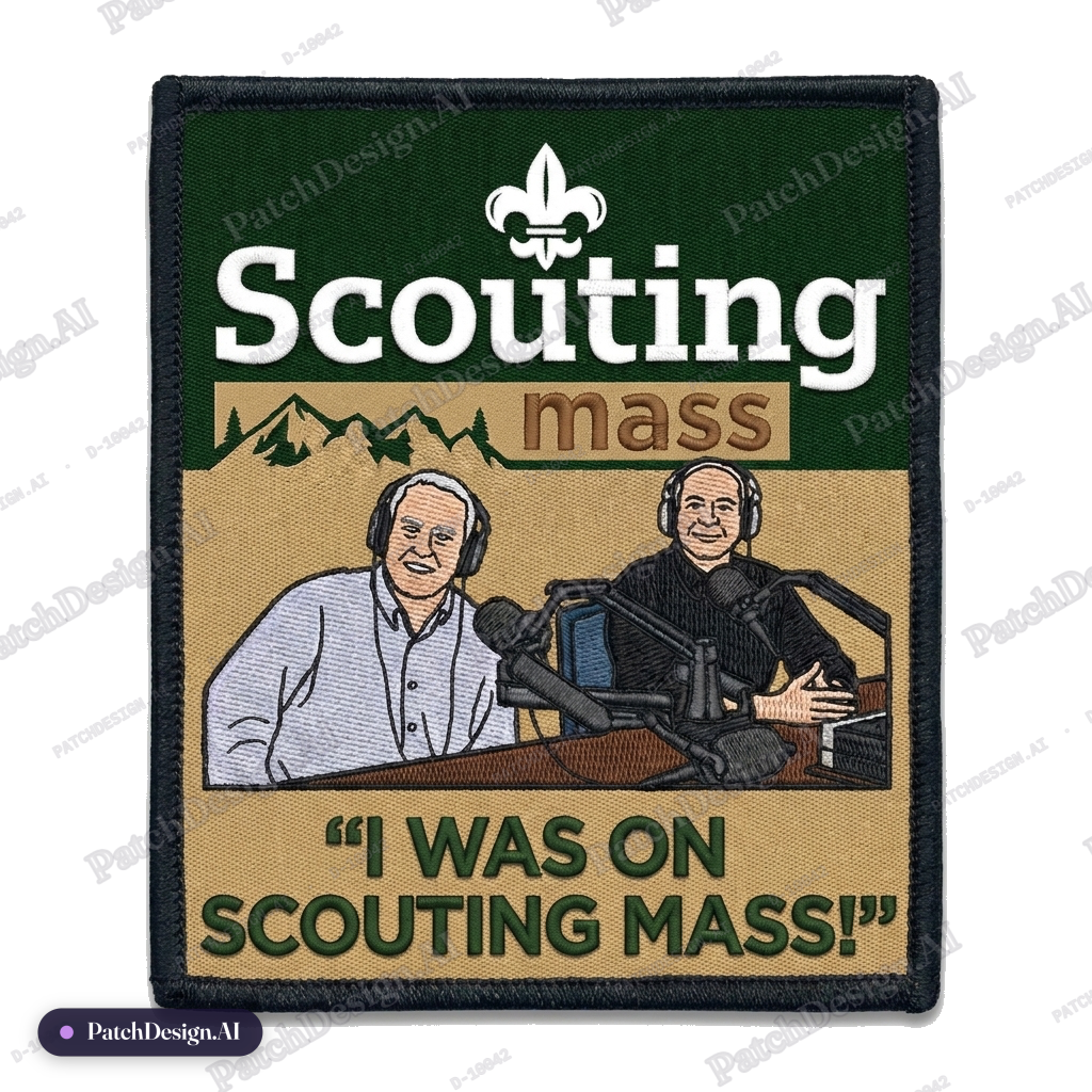“I was on Scouting Mass!” With Scouting Mass logo and images of the hosts. — custom patch designed with AI