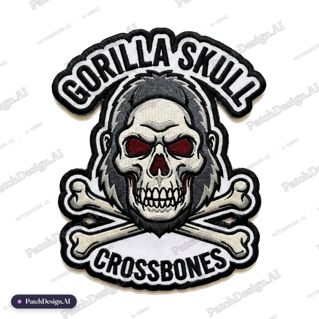 Center patch gray and black skull gorilla with cross bones on rhe bottom — custom patch designed with AI