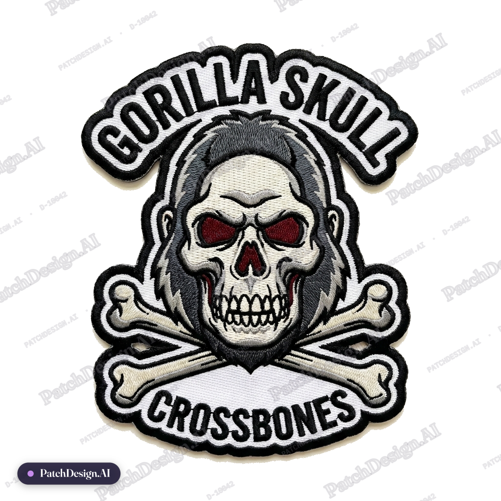 Center patch gray and black skull gorilla with cross bones on rhe bottom — custom patch designed with AI