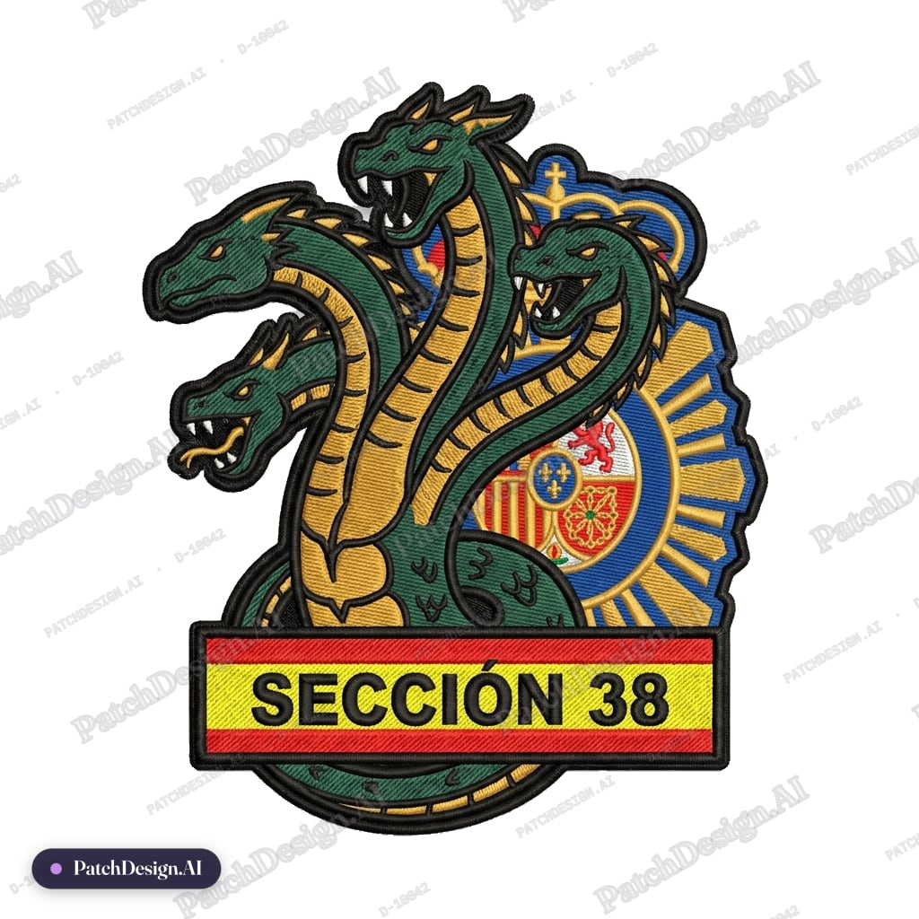 Un parche policial en el que se representa un hydra de tres cabezas de dragón estética jue — custom patch designed with AI