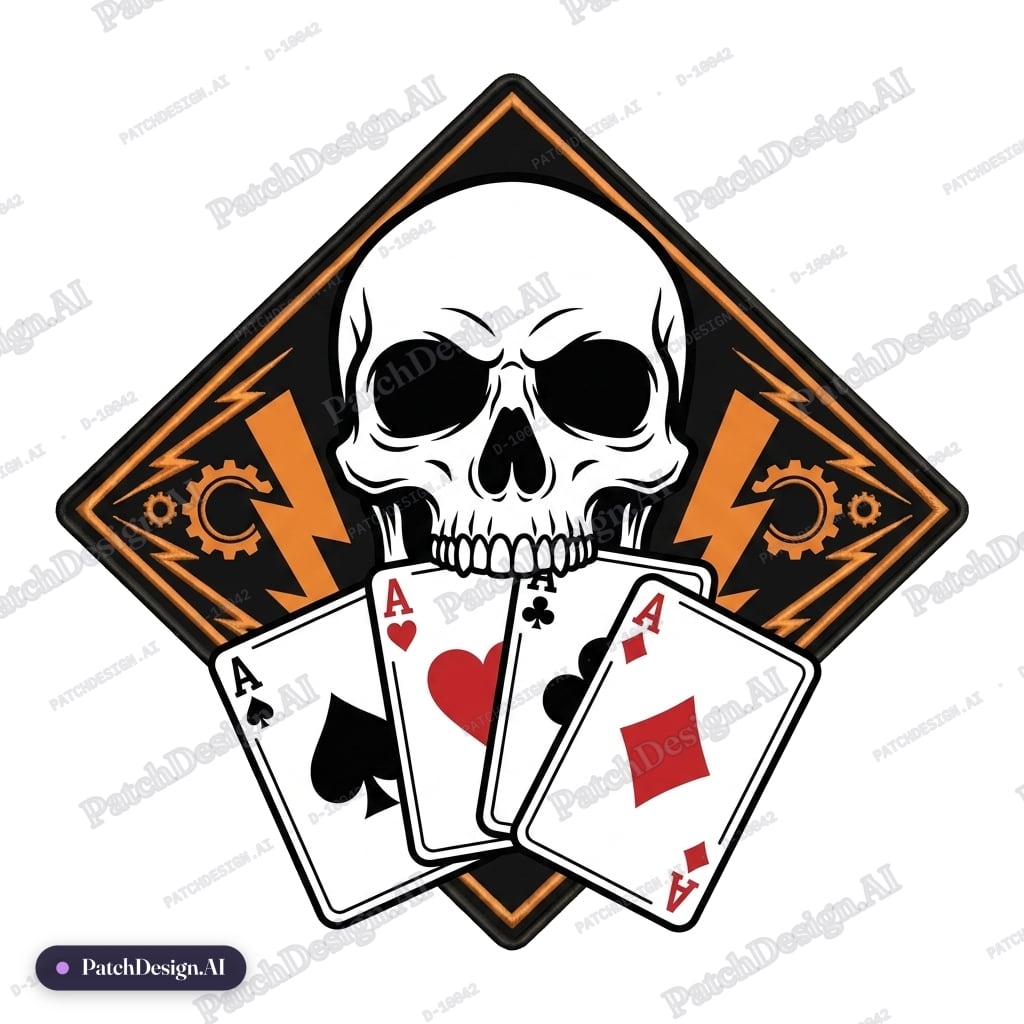 A DIAMOND WITH A VECTOR SKULL HOLDING A DECK OF ACE CARDS IN ITS MOUTH