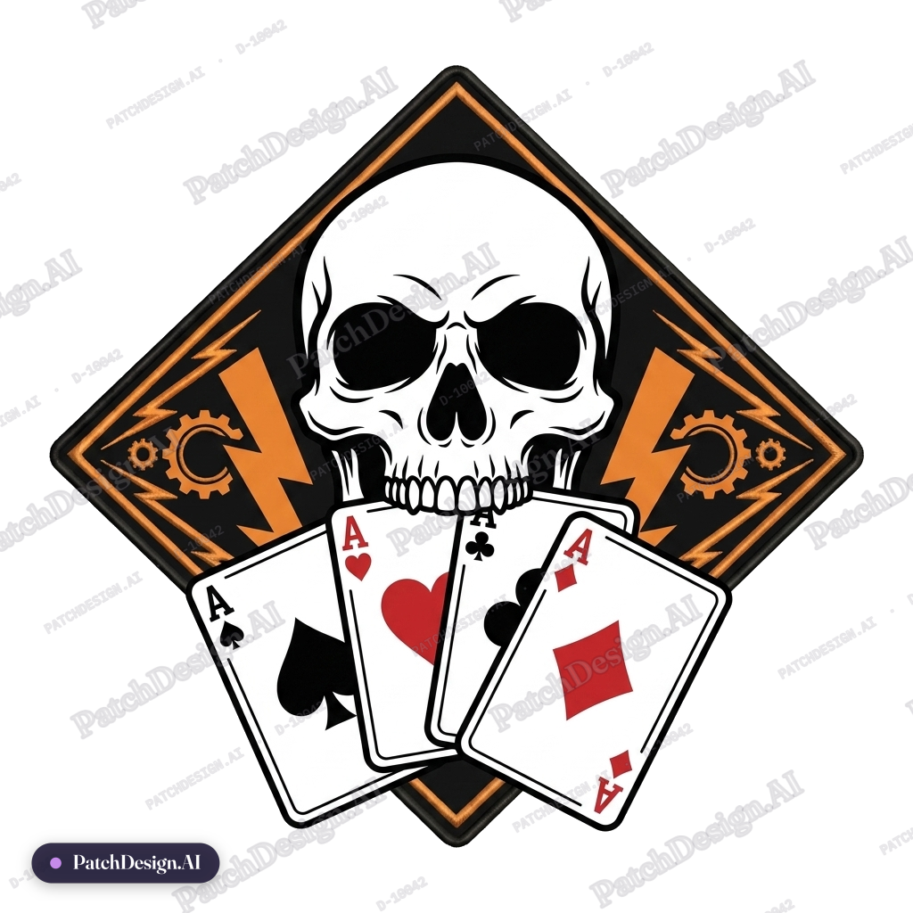 A DIAMOND WITH A VECTOR SKULL HOLDING A DECK OF ACE CARDS IN ITS MOUTH