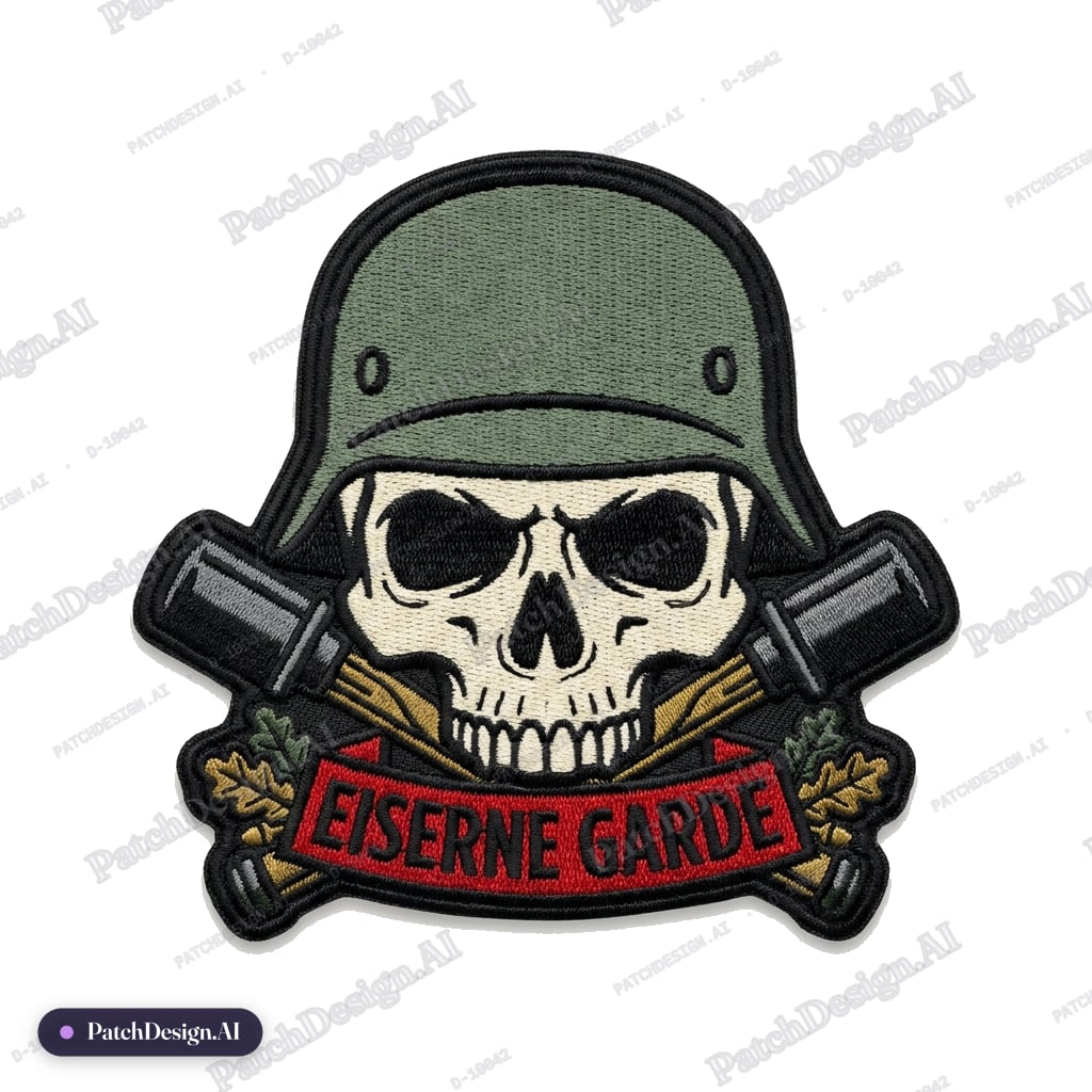 German helmet on a skull — custom patch designed with AI