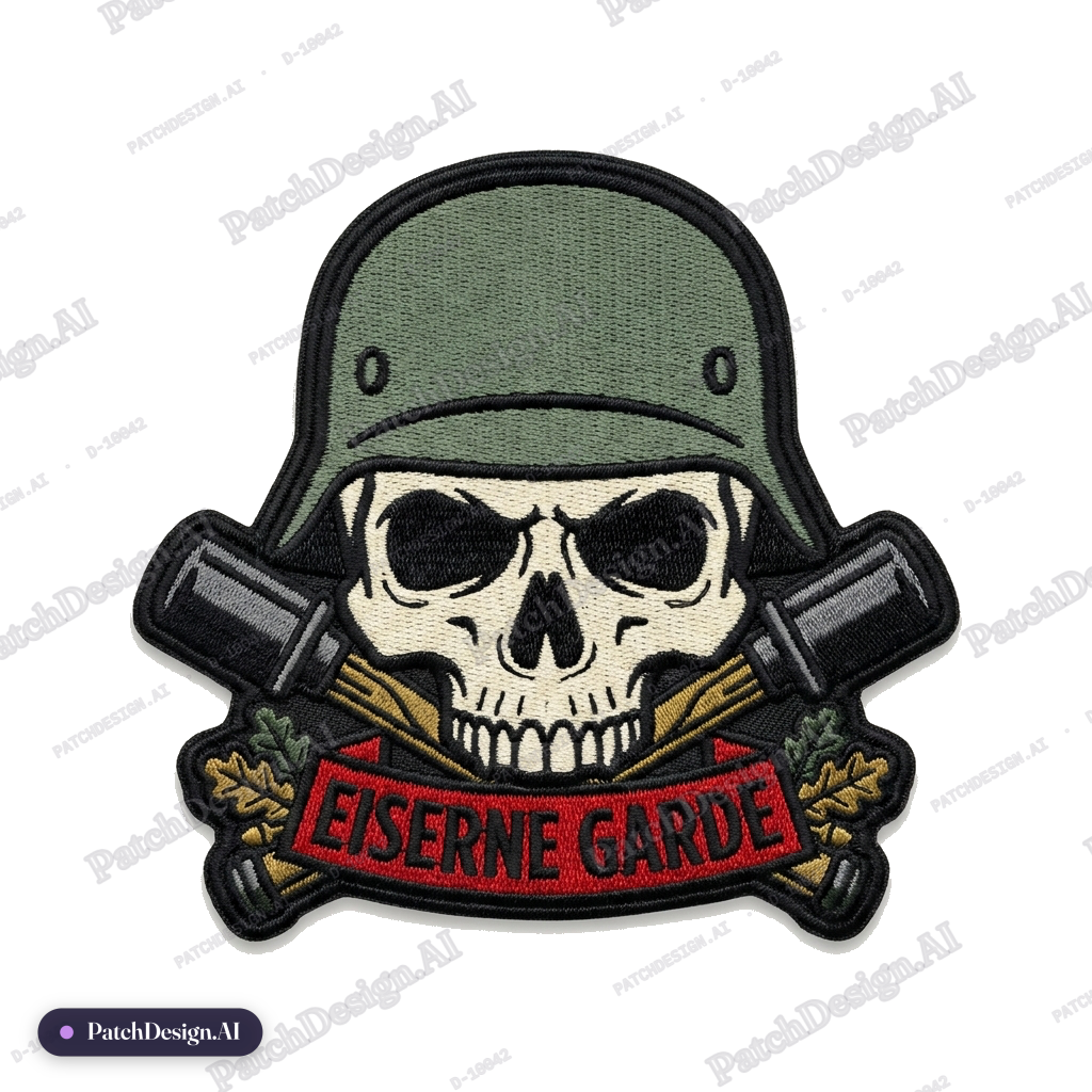German helmet on a skull — custom patch designed with AI