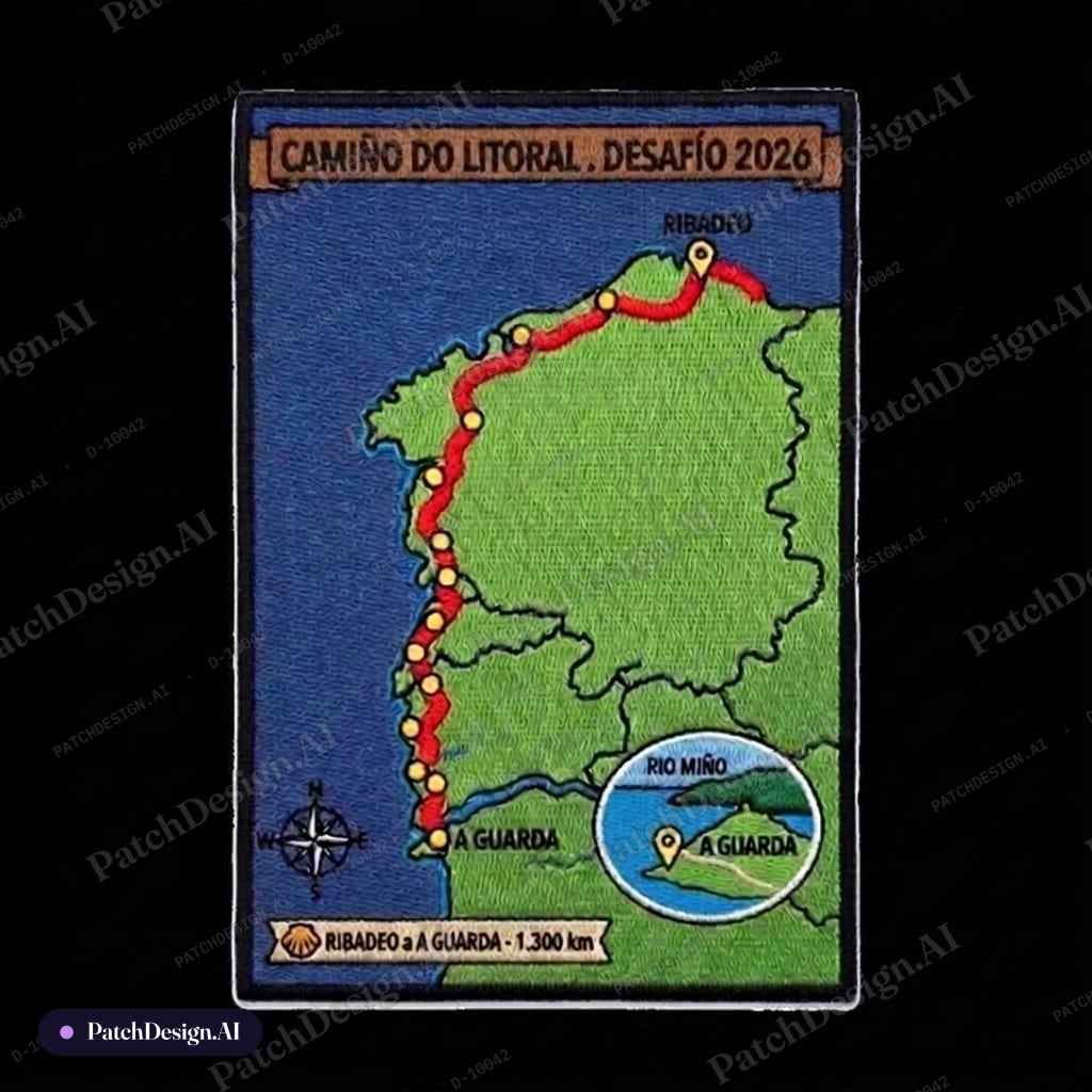 Suprimir costa da morte. situar la palabra ribadeo al inicio de la linea roja — custom patch designed with AI