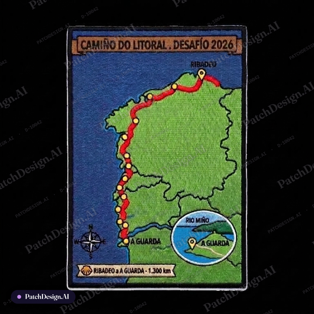 Suprimir costa da morte. situar la palabra ribadeo al inicio de la linea roja — custom patch designed with AI