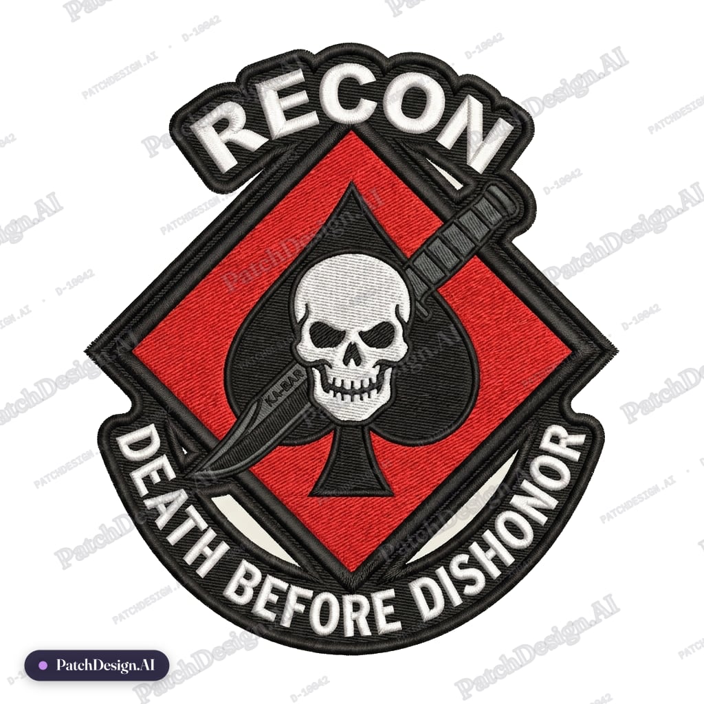 MC Diamond ♦️ in red with black spade ♠️ inside and USMC recon death before dishonor skull — custom patch designed with AI