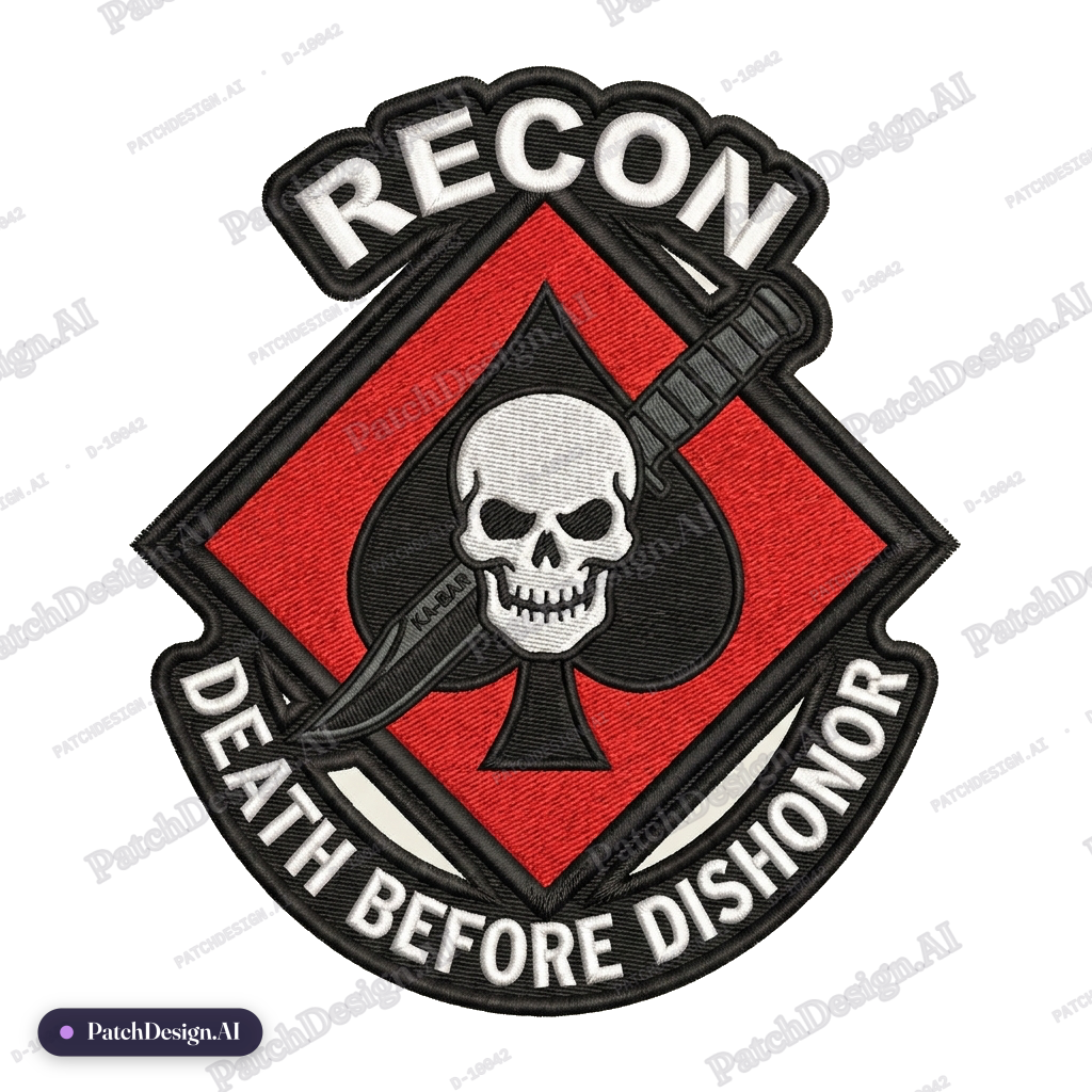 MC Diamond ♦️ in red with black spade ♠️ inside and USMC recon death before dishonor skull — custom patch designed with AI