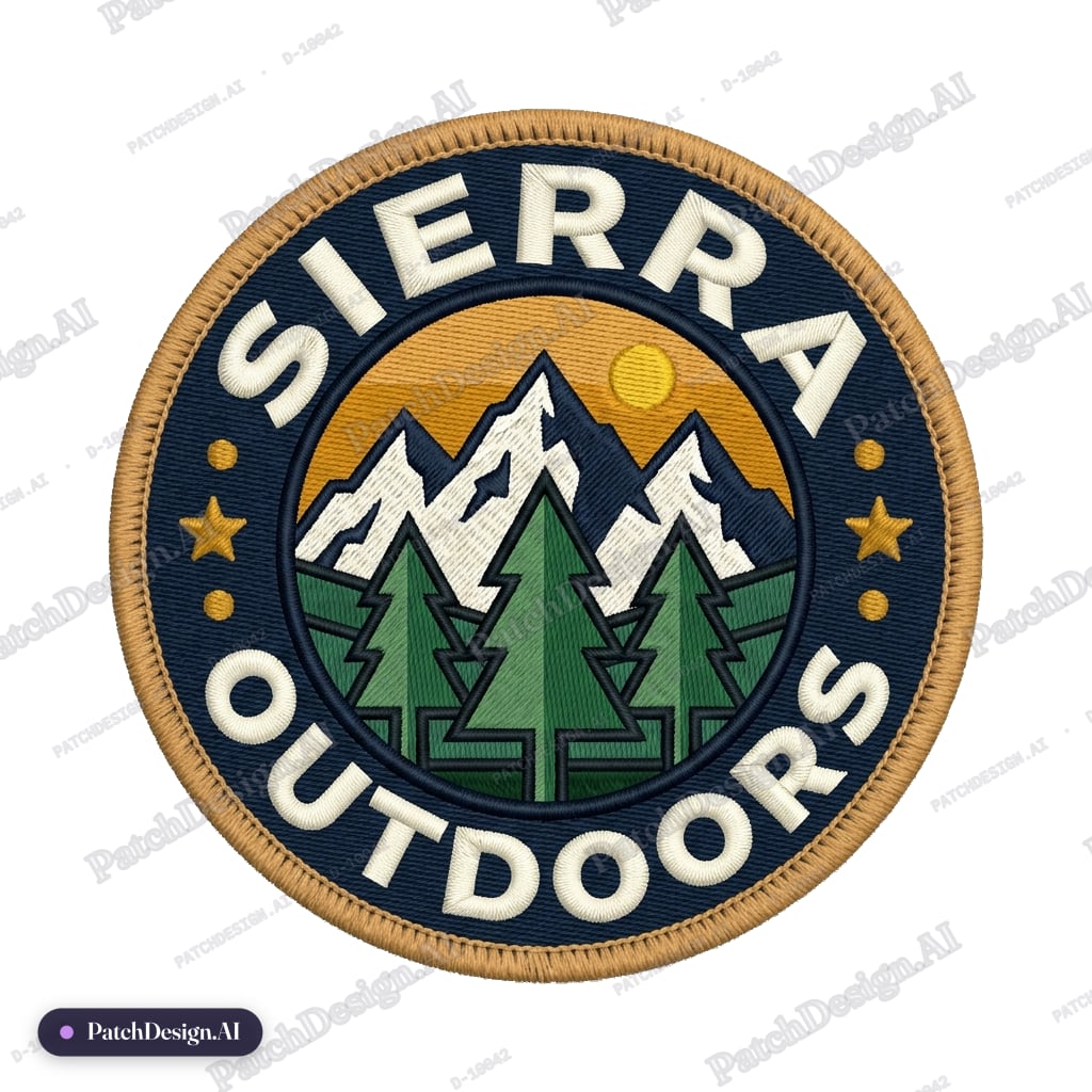 Round patch, mountain and pine trees, text SIERRA OUTDOORS around the rim, thick tan borde — custom patch designed with AI