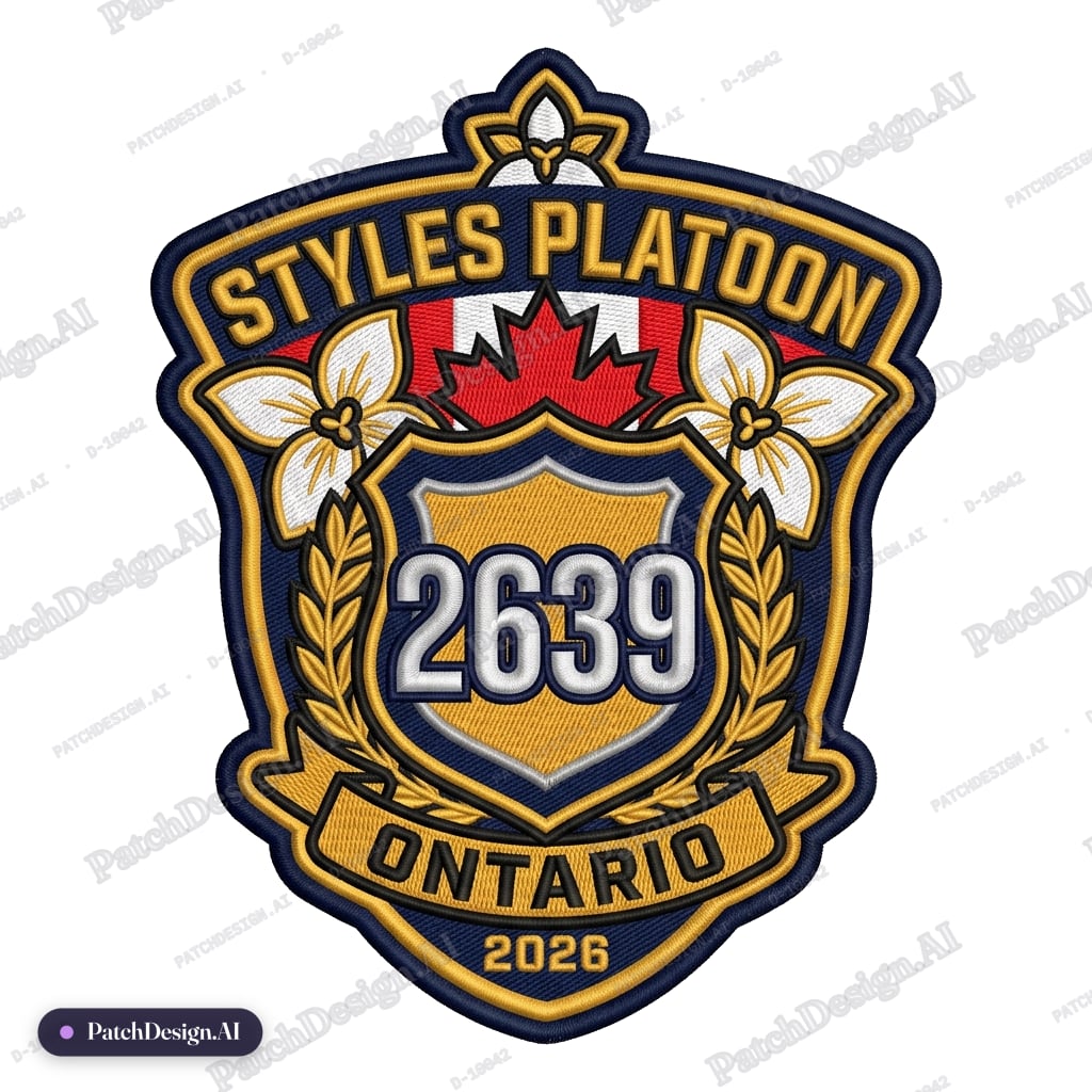 Police style commemorative morale patch including Canadian/Ontario imagery and Styles Plat — custom patch designed with AI