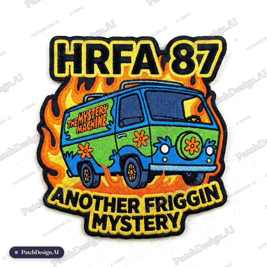 Fire department patch consisting of the Mystery machine with flames behind it, with "HRFA  — custom patch designed with AI