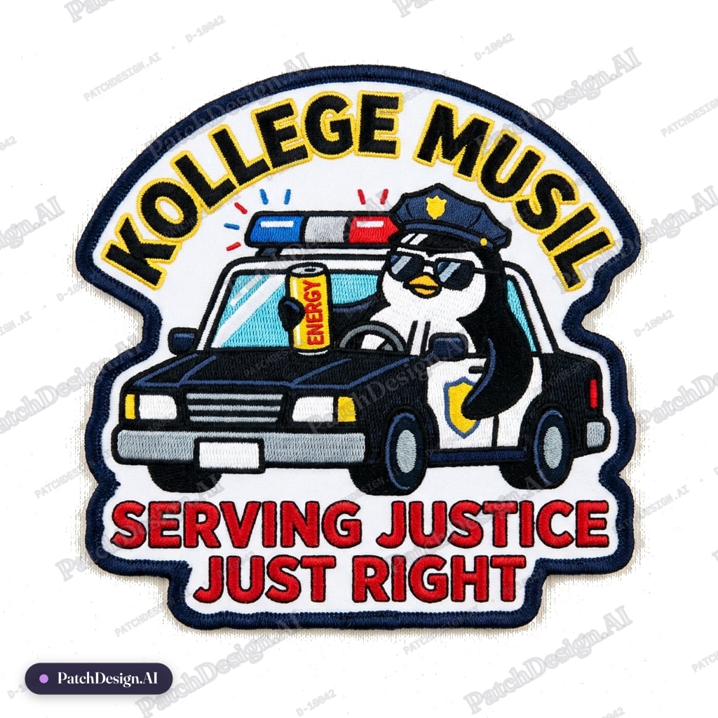Text Kollege Musil - Penguin driving policecar and drinking energy drink - Text serving ju — custom patch designed with AI