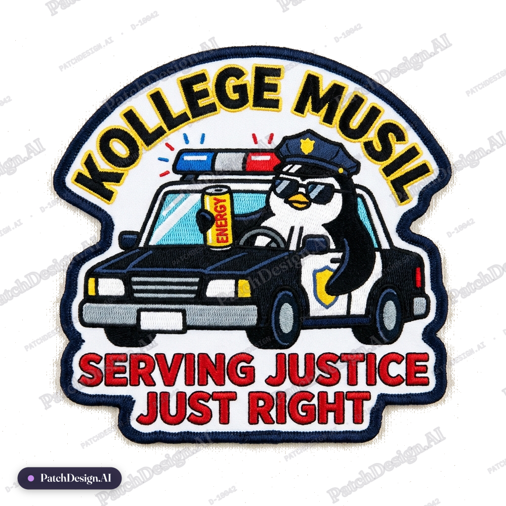 Text Kollege Musil - Penguin driving policecar and drinking energy drink - Text serving ju — custom patch designed with AI