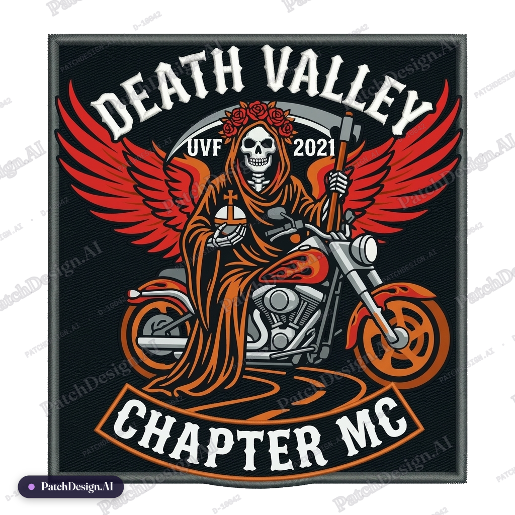 Main Feature: Santa Muerte , UVF 2021 — Shape: Square — custom patch designed with AI