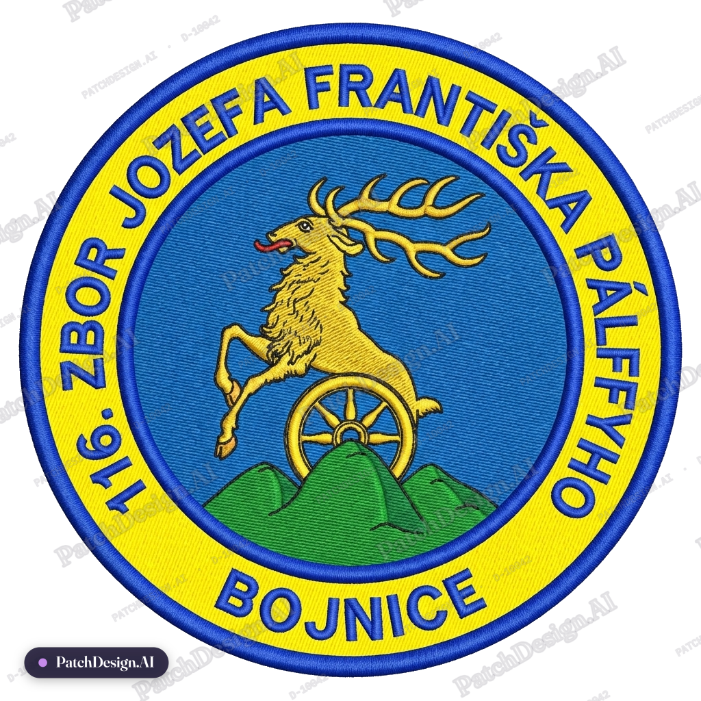 Navrhni kruhovú nášivku priemer 8cm, vo vonkajšom medzikruží žltej farby, v hornej časti m — custom patch designed with AI