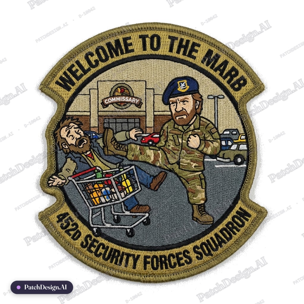 Use the dimensions of a circular USAF squadron patch. Say “Welcome to the MARB” within the — custom patch designed with AI