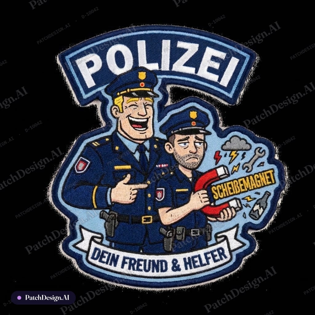 Der blonde polizist lacht ihn aus — custom patch designed with AI
