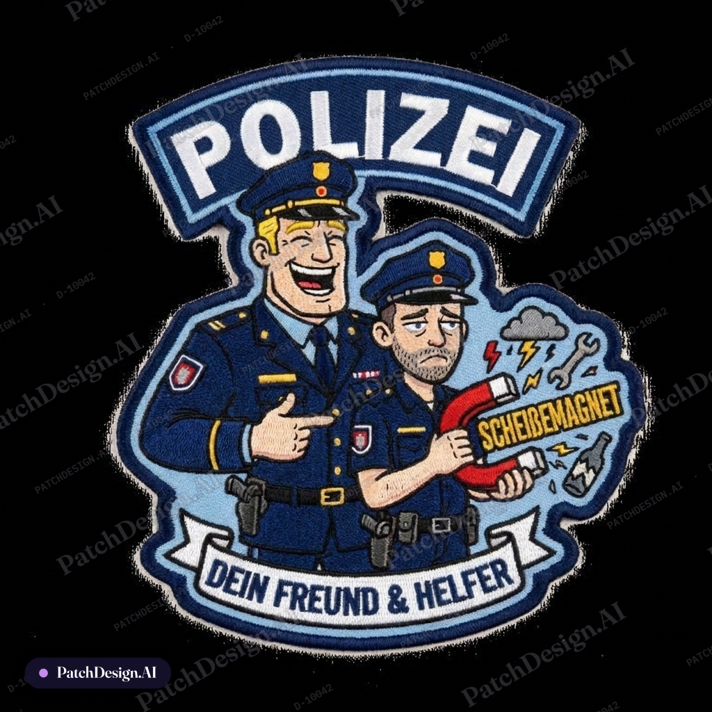 Der blonde polizist lacht ihn aus — custom patch designed with AI