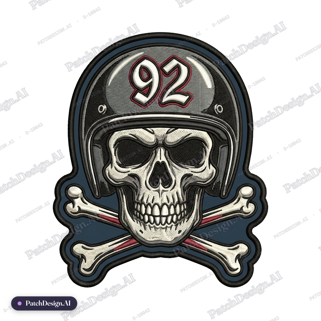 Gorilla skull with a motorcycle half helmet with 92 on it with cross bones underneath cent — custom patch designed with AI