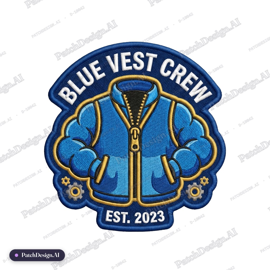 Blue vest with bubble sleeves — custom patch designed with AI