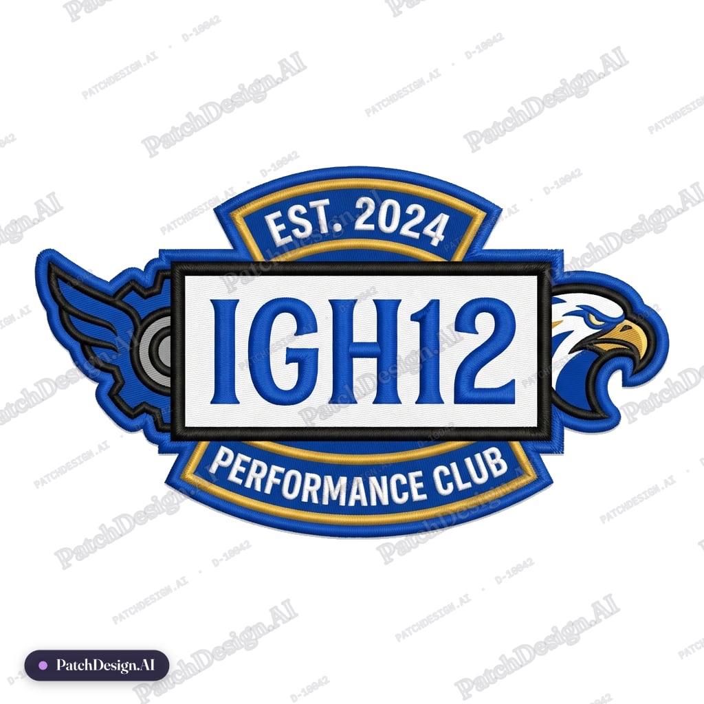 Horizontal rectangle with royal blue font white background black border Algerian font of I — custom patch designed with AI