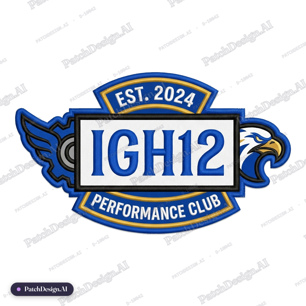 Horizontal rectangle with royal blue font white background black border Algerian font of I — custom patch designed with AI