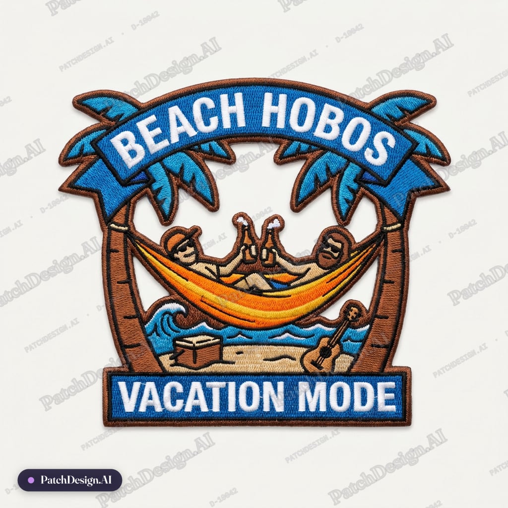 Beach hobos + vacation orange yellow blue hammock + beers — custom patch designed with AI
