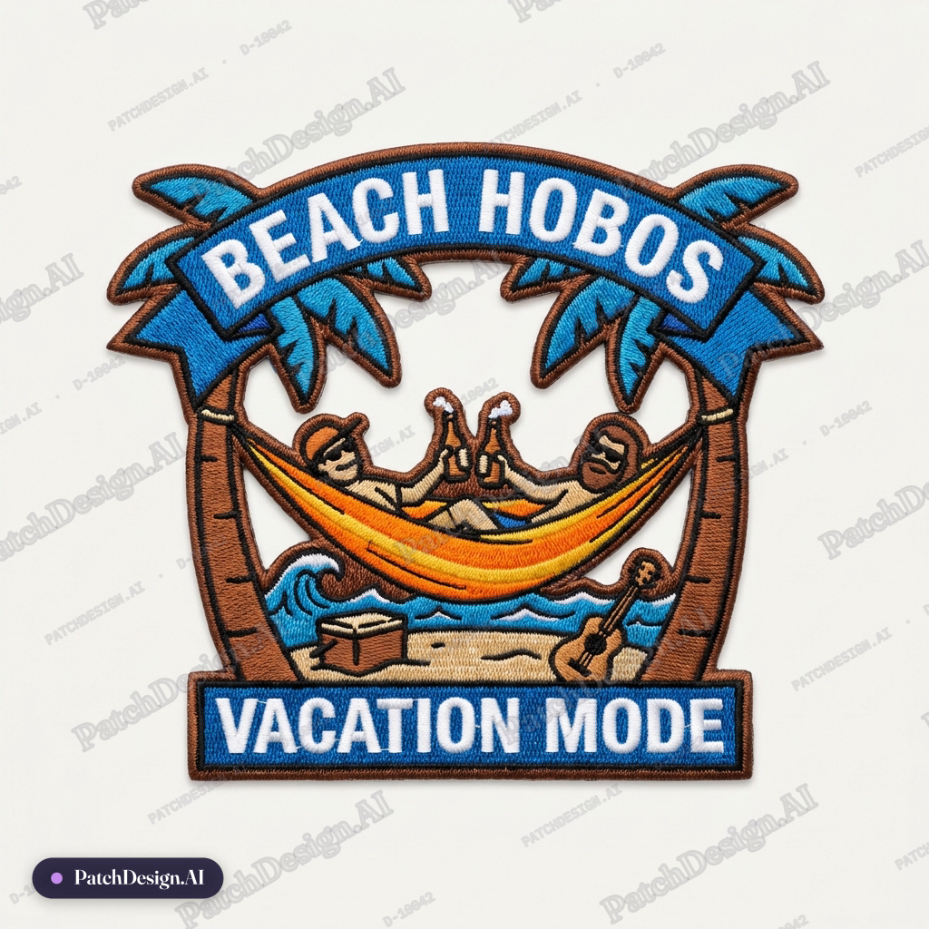 Beach hobos + vacation orange yellow blue hammock + beers — custom patch designed with AI