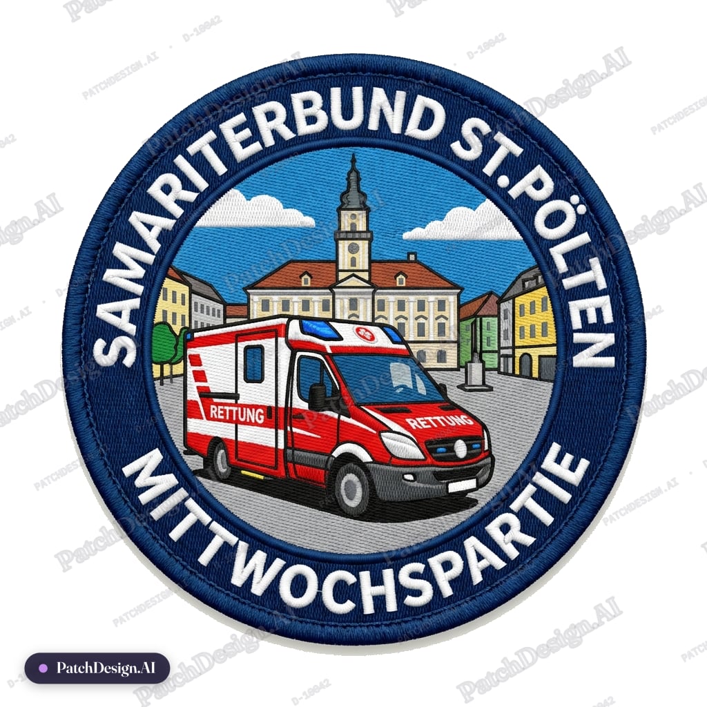 Erstell mir einen Runden Patch so ein rettungsauto und im Hintergrund der Rathaus Platz vo — custom patch designed with AI