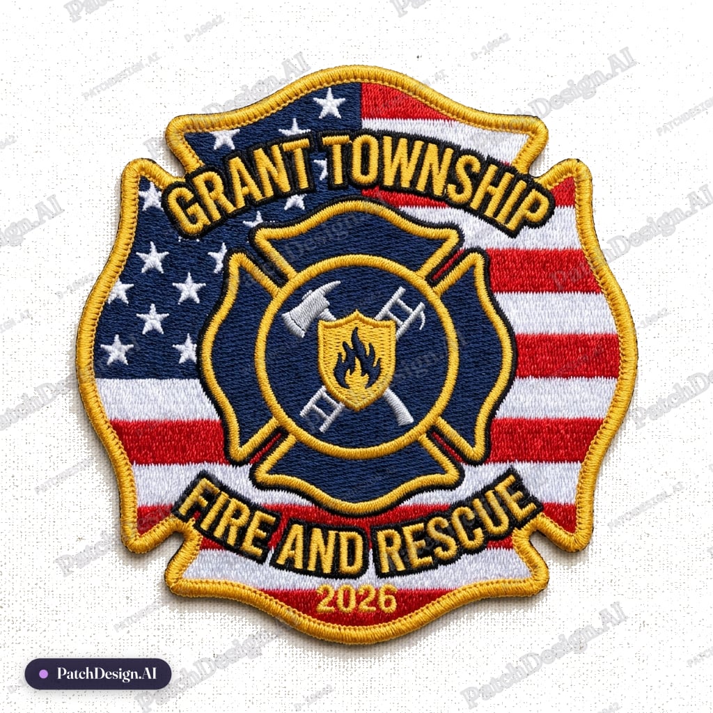 Fire Dept Maltese cross with American Flag background with grant township, fire and rescue — custom patch designed with AI